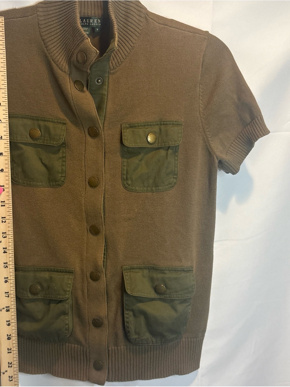 Ralph Lauren Brown Knit Short-Sleeve Cardigan with Olive Patch Pockets - Picture 12 of 12
